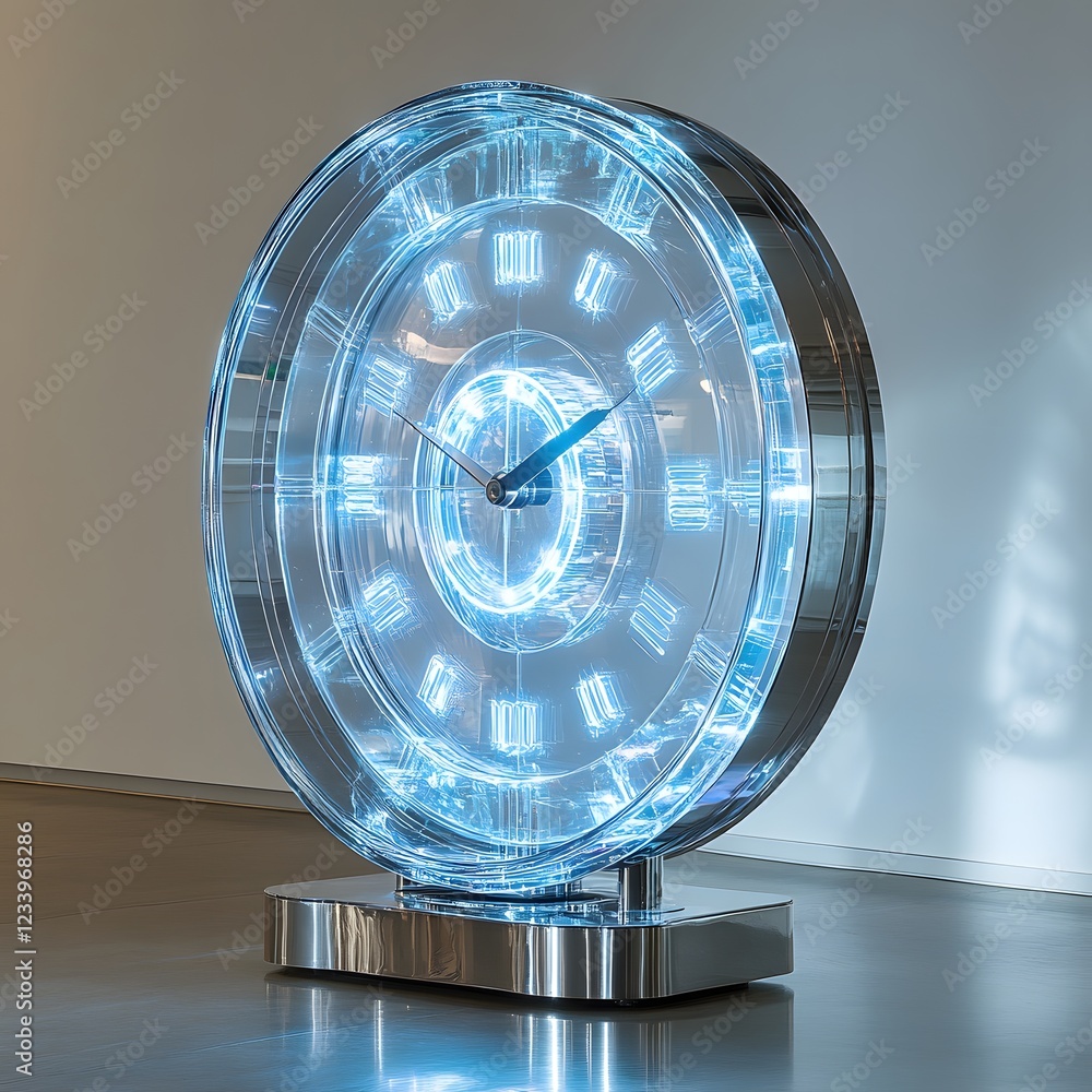 Poster a contemporary setting a futuristic grandfather clock made of glass and chrome features a holographi