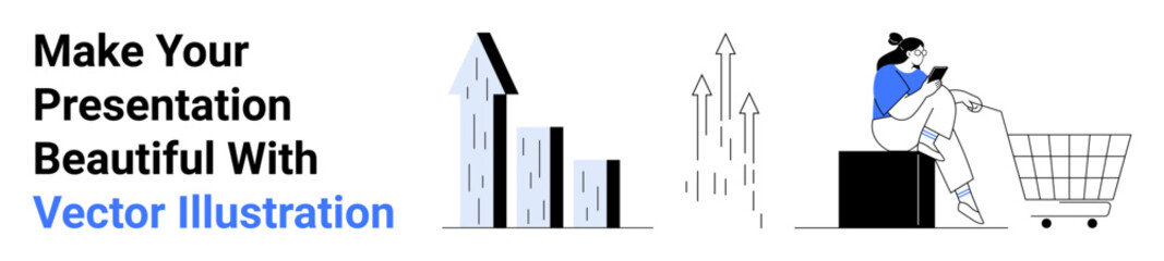 Bar graphs showing economic growth and financial data alongside woman using smartphone on shopping cart with arrows pointing upward. Ideal for business, finance, shopping, e-commerce, growth