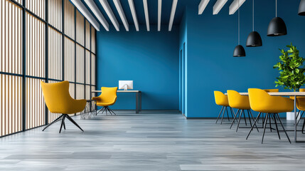 Modern office interior with blue walls and yellow furniture