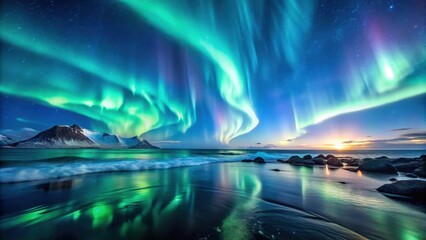 Aurora Borealis over Northern Sea, Celestial Background, Ocean Waves