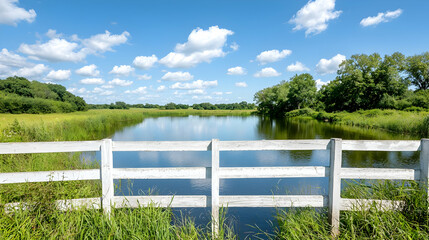 Scenic lake view, white fence, summer sky, tranquil landscape, nature postcard