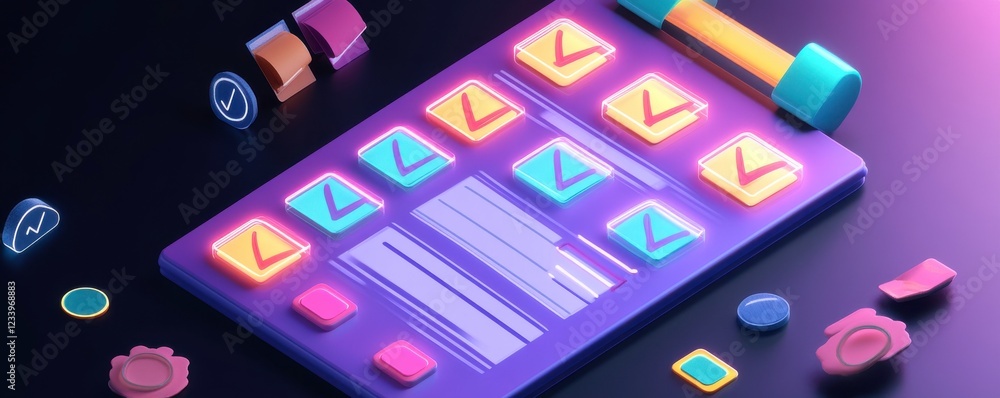 Poster a vibrant digital checklist with colorful buttons and symbols, showcasing tasks and progress in a mo