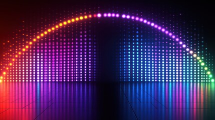Colorful LED arc stage light show, dark floor reflection, digital background, event backdrop