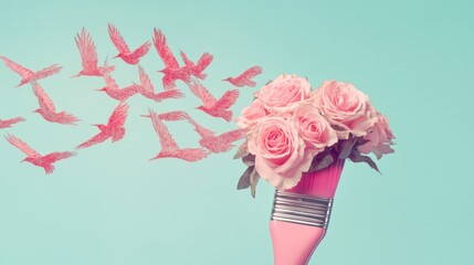 Pink roses on paintbrush, paper birds fly, pastel background, art concept