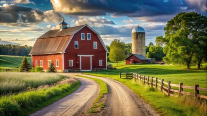 Fototapeta premium A serene rural landscape with traditional red barn and silo, capturing the charm and tranquility of farm life.