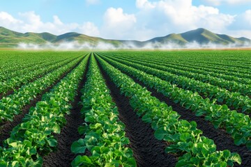 Obraz premium Lush Green Lettuce Fields with Misty Mountains and Blue Sky in the Background