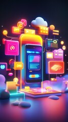 A vibrant digital illustration of a smartphone surrounded by colorful app icons and cloud elements, representing technology and innovation.
