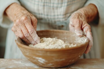Fototapeta premium Elderly Hands Kneading Dough in Rustic Kitchen Setting