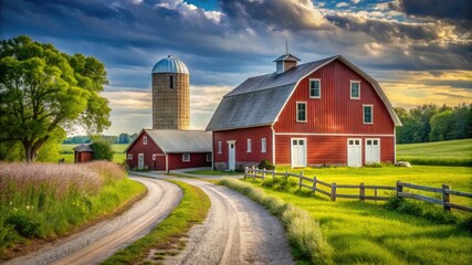 Fototapeta premium A serene rural landscape with traditional red barn and silo, capturing the charm and tranquility of farm life.