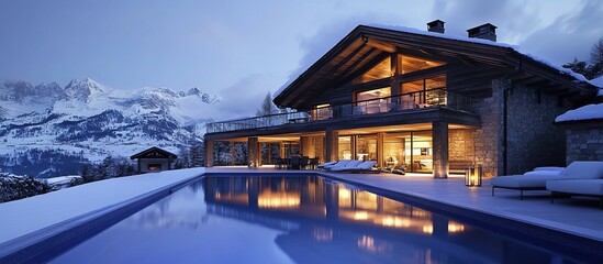 Luxurious chalet with pool in snowy mountains at dusk.