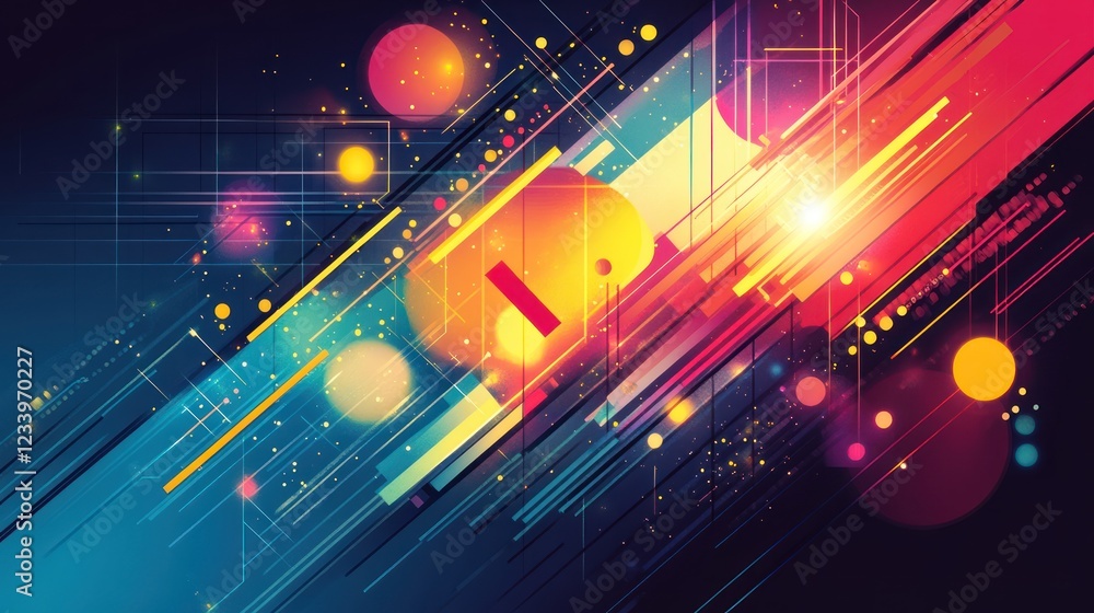 Poster abstract vibrant digital art; dynamic lines, bokeh; dark background; website header