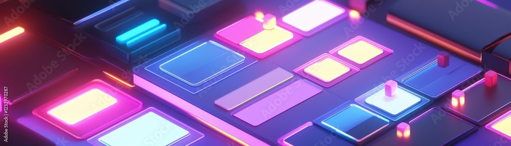 Aufkleber a vibrant, illuminated surface with colorful buttons and pads, creating a futuristic, tech-inspired 