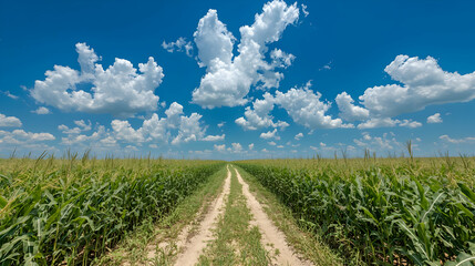 Dirt road through cornfield under blue sky. Summer landscape for travel brochures