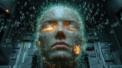 Womans face with digital binary symbols pattern overlay representing technology and data concepts