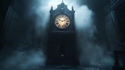 A dimly lit room a sinister grandfather clock made from twisted wood features clawed hands and a skull pendulum Dark mist rises as it strikes midnight filling the air with dread and whispers