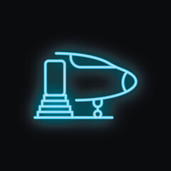 Blue neon sign representing a private jet airplane with boarding stairs, evoking luxury travel and exclusive transportation