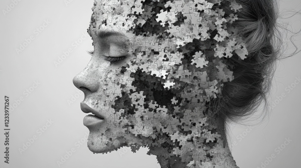 Poster womans face created from colorful puzzle pieces representing diversity and complexity of identity