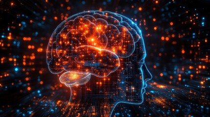 Brain with glowing lights and circuit pattern illustrating technology and intelligence concept