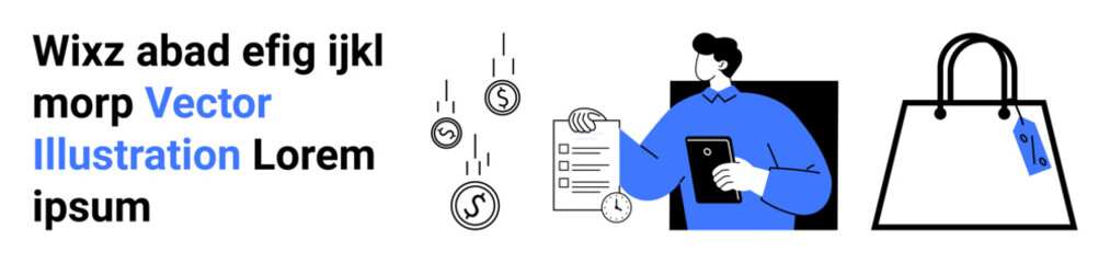 Man holding tablet, payment checklist with coins, and shopping bag with price tag. Ideal for online shopping, digital transactions, mobile apps, payment solutions, e-commerce, finance apps flat