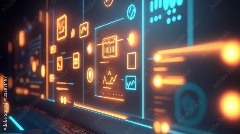 Poster a futuristic digital interface displaying data visualizations and charts with glowing elements in a 
