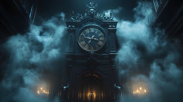 A dimly lit room a sinister grandfather clock made from twisted wood features clawed hands and a skull pendulum Dark mist rises as it strikes midnight filling the air with dread and whispers
