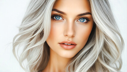 Naklejka premium AI-Generated Woman Portrait with blue eyes and silver wave hair. The model poses in front of the camera.