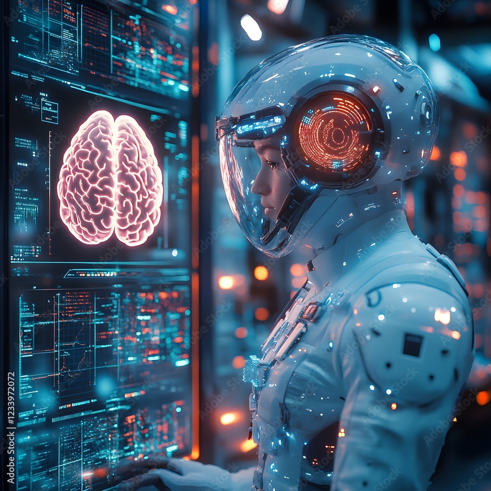 Poster a futuristic lab a central figure wearing a hightech headset and glowing suit interacts with a float