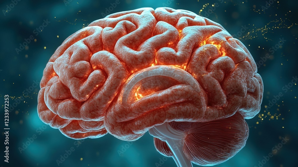 Poster brain with glowing orange substance illuminating neural pathways and connections in abstract concept