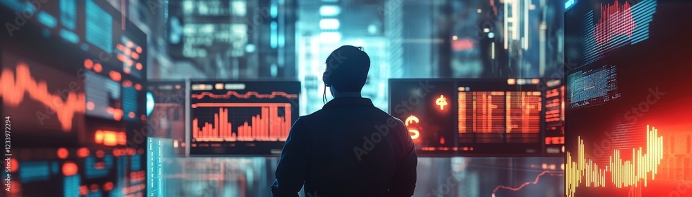 Poster a person stands in front of multiple digital screens displaying data and charts, suggesting a high-t