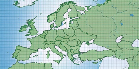 Fototapeta premium Detailed map of Europe with shaded regions and country borders, featuring a subtle grid pattern for scale, european maps, detailed illustration