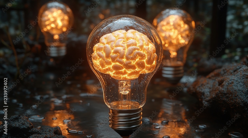 Poster light bulb containing multiple smaller light bulbs glowing inside in a dark setting