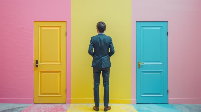 Man contemplating choices in a colorful doorway setting