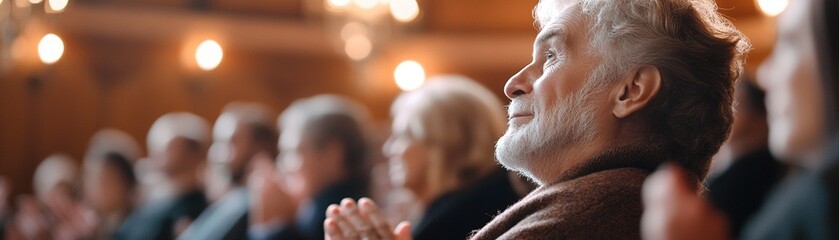 Applause fills the air as an audience sits in a sophisticated venue featuring elegant wood paneling and shining chandeliers. The appreciation for the performance is palpable in the atmosphere