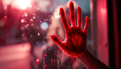 Crimson Imprint a bloody hand reaches through pane of glass with red light