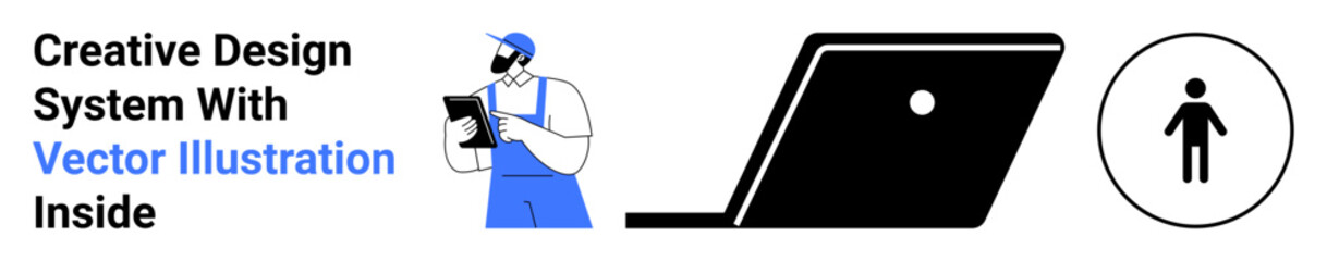 Designer in blue uniform holding tablet, black laptop silhouette, and human icon. Ideal for creative processes, design systems, tech solutions, user interaction, innovation, creative tools abstract