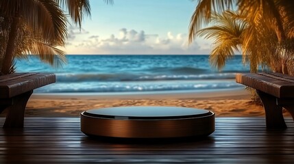 Obraz premium Dark Brown Cylindrical Platform On Wooden Deck At Tropical Beach Sunset
