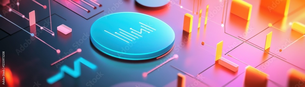 Poster a vibrant digital display featuring geometric shapes and soundwave patterns, illuminated with bright