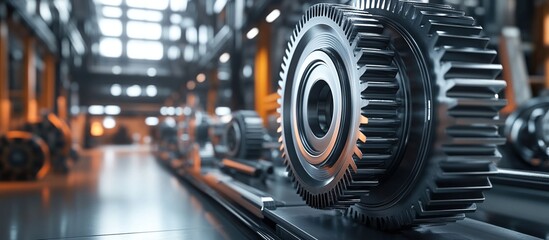 Metal gears on conveyor, industrial setting.