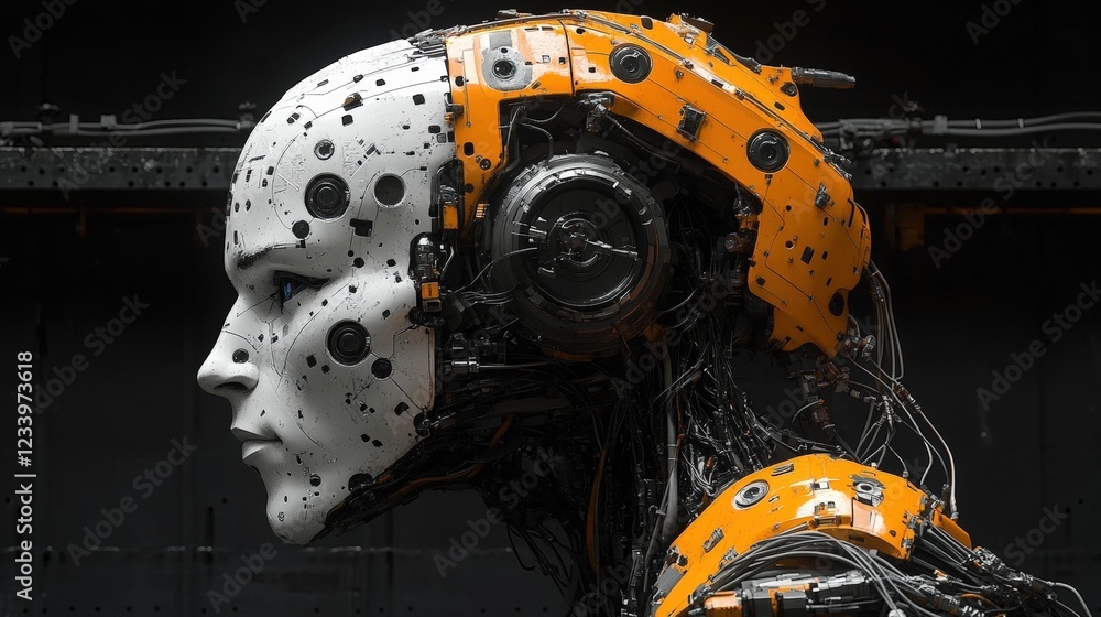 Poster robot head with a detailed robotic face design on a neutral background