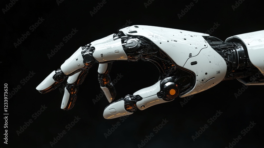 Poster white robot holding a black object in a futuristic setting with soft lighting and neutral background