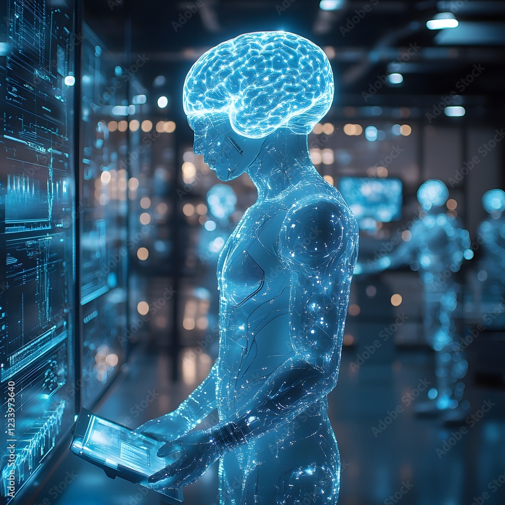 Aufkleber a hightech lab a central figure in a luminescent suit interacts with a floating brain while scientis