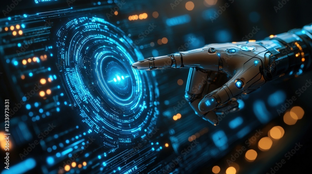 Poster robot flying over a futuristic cityscape with advanced architecture and technology in the background