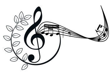 Black treble clef sign, decorated music key symbol, musical melody illustration, notes sound icons. Musical background, design fest card, jazz poster, concert performance banner. Copy space, isolated