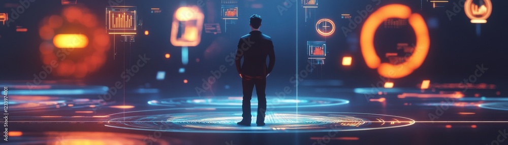 Poster a person stands in a futuristic environment, surrounded by glowing data visualizations and holograph