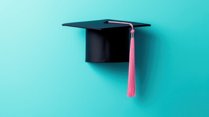 Black Graduation Cap with Pink Tassel on Blue Background