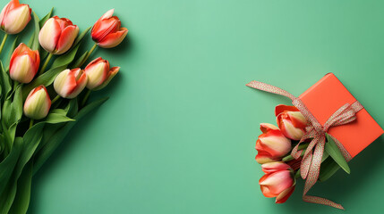 Fototapeta premium Gift box and bouquet of beautiful tulips on green background. International Women's Day