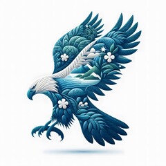 Obraz premium AI Generate of Eagle or Hawk Shape Art Silhouette with Natural Element such as Wind, Tree, Water, Animal, Wood, Sun, Moon, isolate in white