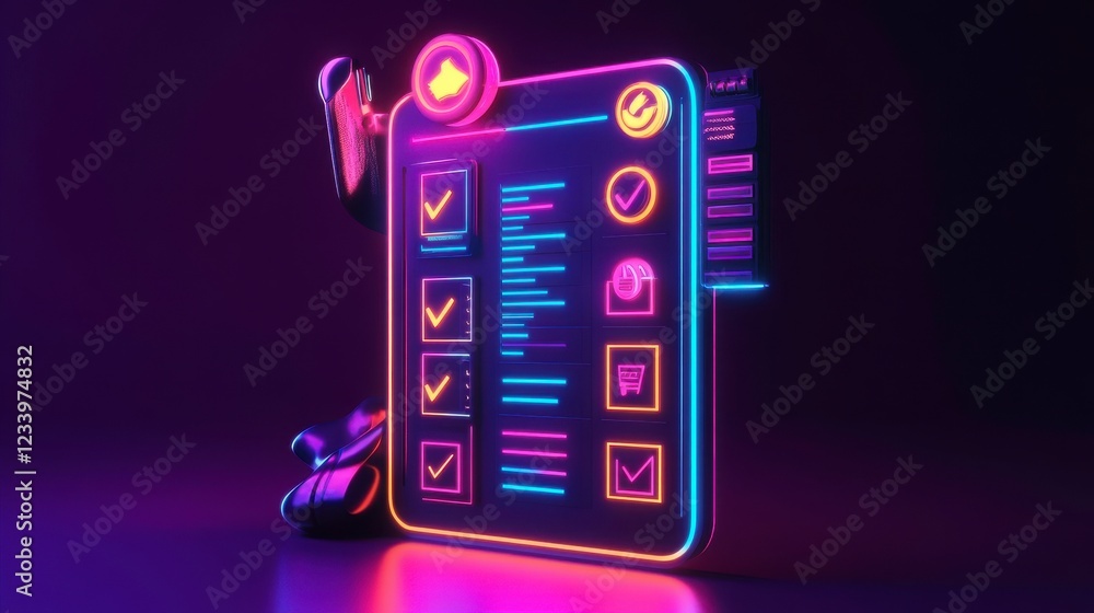 Poster a vibrant, neon-lit checklist interface with icons, emphasizing tasks and notifications in a sleek, 