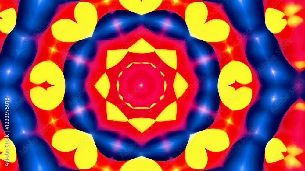 Poster A colorful design with a red center and blue and orange surrounding it. The design is made up of many small shapes