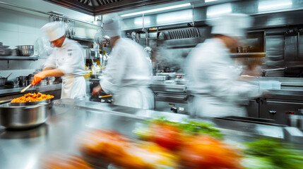 Obraz premium Two chefs in a professional kitchen are working together, their movements creating a blurred effect. The stainless steel counters and equipment reflect the kitchen's intensity
